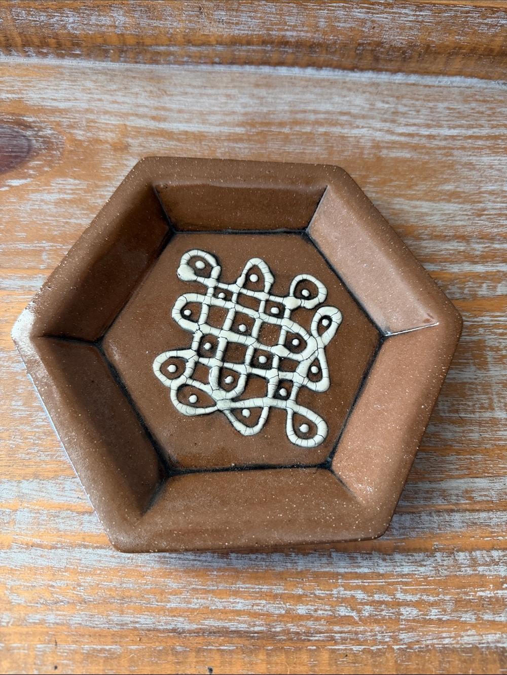 Handcrafted Brown Hexagonal Decorative Tray with Ivory Knot Accent